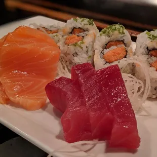 Dynamite roll ( underestimated but so good!) Sashimi salmon and tuna