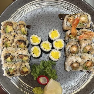 Eel with Avocado Roll, Oshinko Roll, Shrimp Tempura Roll (These are my favorites from the pick three lunch menu)