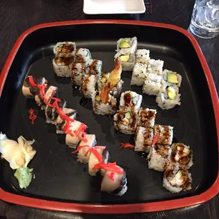 From left to right: veggie maki, shrimp tempura, eel cucumber, and avocado 8/10