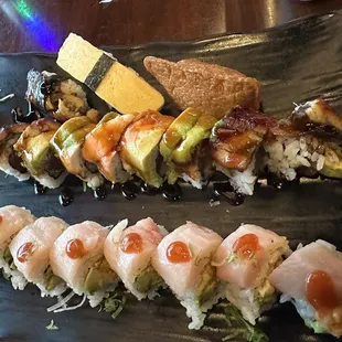 From top to bottom: 509. Eel, 518. Egg, 519. Tofu Skin, 618. Hollywood Roll, 623. Yellow Hotail Roll