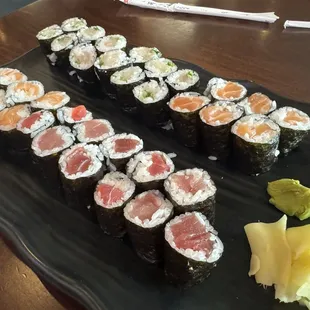 AYCE maki platter. Tuna, salmon, and yellow 559. Yellowtail Roll