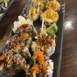 Spider roll (left) and chicken tempura roll (right)