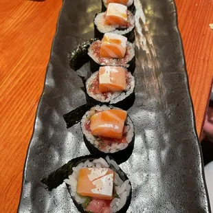 No name for this but I would name it "Belly 2 Belly" or "Get In My Belly" it has- Toro Belly with Salmon Belly. Made by Chef Steve