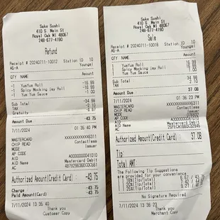 Receipt after she demanded to remove the auto-gratuity.