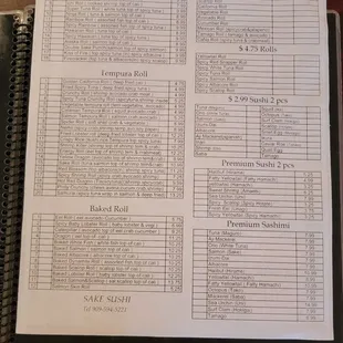 Sushi menu price list
