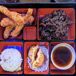 Teriyaki beef, calamari and dumplings.