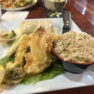 Chimichanga and fried rice with chicken tempura