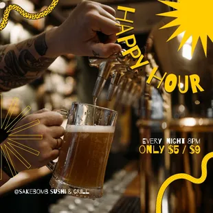 Happy hour 8pm to 9:30pm 
Grab  your Iced beer