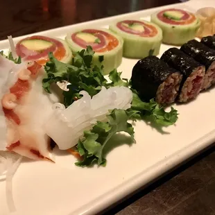 Naruto roll, tuna roll, octopus and squid sashimi. This was my first squid sashimi and it was delicious!