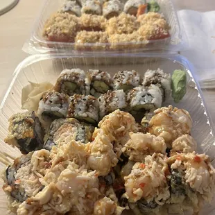 From top to bottom: Spicy Salmon Roll, Crunchy Chipotle Roll, Eel Roll, Bomb Roll