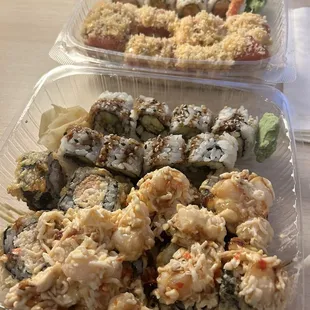 From top to bottom: Spicy Salmon Roll, Crunchy Chipotle Roll, Eel Roll, Bomb Roll