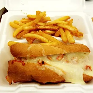 Chicken parmesan sub and fries... AWESOME!!!! Fries were really good, and sub was delicious.