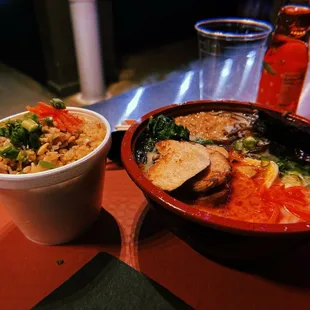Niku chicken ramen w/ ginger, seaweed, and fried onion. Side order of Chicken and rice.