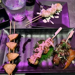 Eggplant, Pork Belly, Ribeye, and Scallop Yakitori