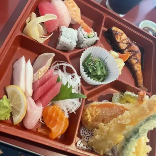 this is the salmon teriyaki bento box... I cannot believe it comes with all this plus miso soup, salad and rice on the side!