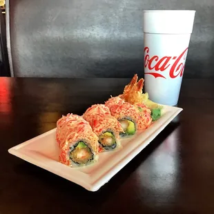 Tempera Shrimp, crab and avocado roll!  Yum!!