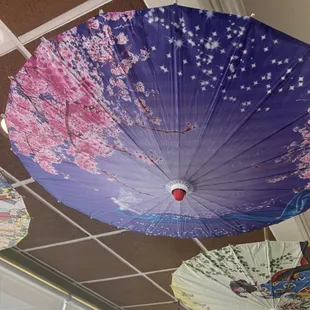 umbrellas hanging from the ceiling