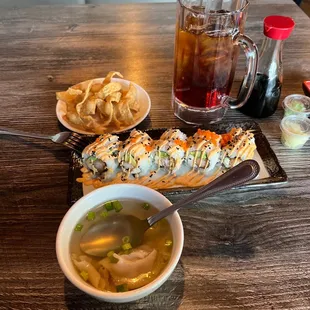 Wonton Soup and Shrimp Roll. Wonderful!  Service is top notch. Will certainly be back.