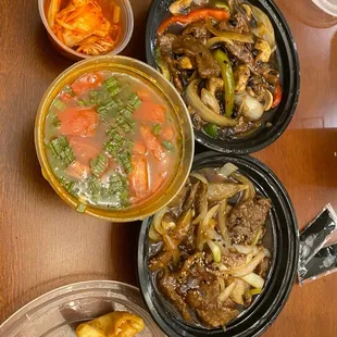 8. Korean Bulgogi, Beef with 4. Beef in Black Bean Sauce, kimchi, and Tom Yum Gai (soup)