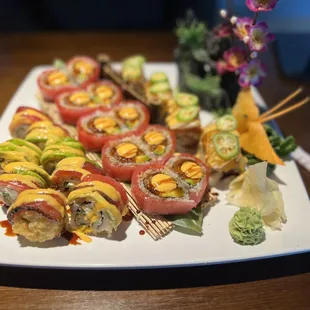 a platter of sushi rolls