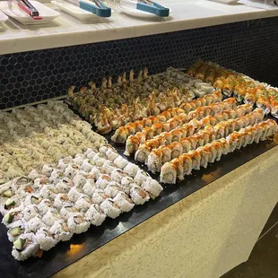 sushi offerings at the beginning of buffet dinner event