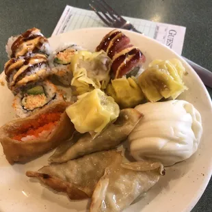 The bun has no filling, the sushi was okay, the dumplings are burnt on the bottom and the dim sum is flavorless.