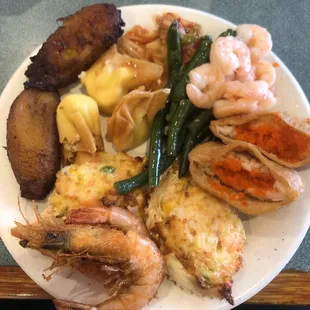 plantains are good, cream cheese wonton are good, green beans are okay, stuffed crab is good, and sushi with the masago is good.