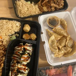 Bento box, gyoza, sashimi