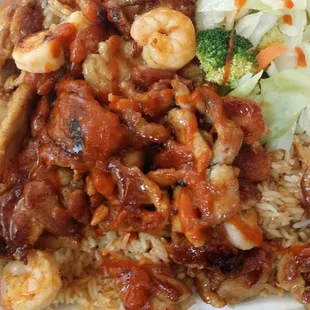 SHRIMP AND BEEF TERIYAKI WITH FRIED RICE AND VEGETABLE