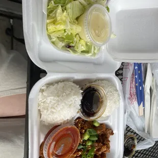 a takeout box with rice, meat and vegetables