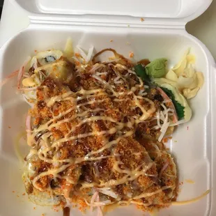 a close up of a take out container of food