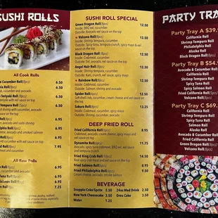 a sushi roll menu