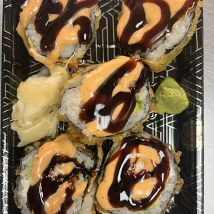 Ha ha this is deep fried California sushi rolls with bbq sauce and spicy Mayo