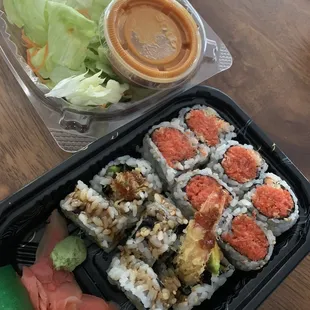 $12 lunch roll special - shrimp tempura roll, spicy tuna roll, very small salad, came with miso soup not pictured