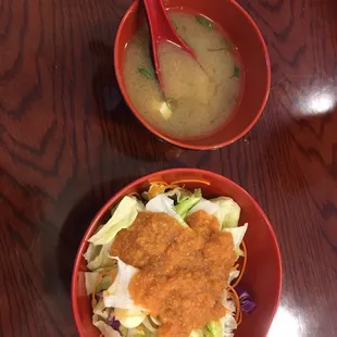 Miso soup and ginger salad, "comes with bento box"