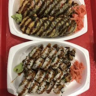 Top: Tempura California Roll Bottom: Chicken Teriyaki Doll then Shrimp Tempura Roll