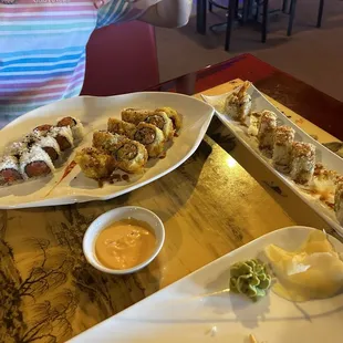 From left to right, Spicy tuna roll, fried California roll and then the crunchy roll.