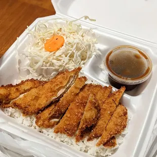 $11.99 Chicken Katsu. Congress with cabbage salad, rice, soup and mini appetizers.