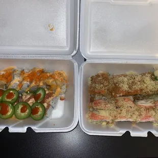 Top left: lobster roll, bottom left: 911 roll, top right: snow mountain, bottom right: tennessee roll