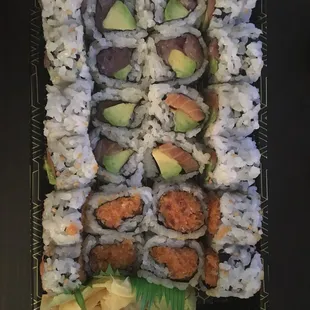 Spicy tuna, salmon and avocado, &amp; tuna and avocado (dinner 3 roll special on grubhub $13.50)