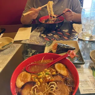 Kimchi Ramen, Tonkotsu Ramen, &amp; Spicy Salmon Temaki.