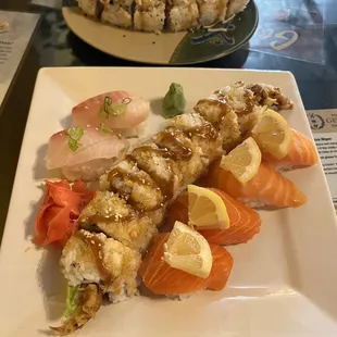 Top: Natsu Ebi Maki. Red Snapper nigiri, Spider Tempura Maki, Salmon Nigiri