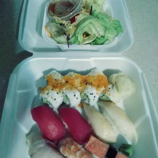 Sushi Combo A, no Salmon or Mackerel.