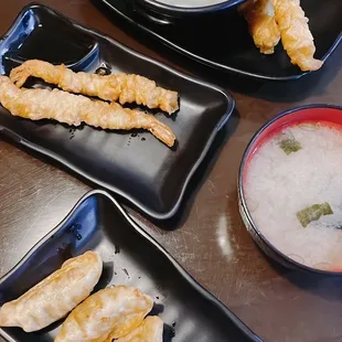Shrimp tempura udon, shrimp tempura and gyoza