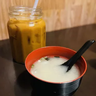 Miso soup and Thai Tea (be prepared, it's massive, it's almost like a huge candle jar for reference)