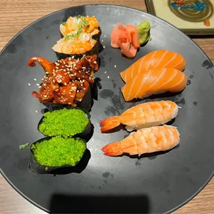 Hotate Nigiri Sushi,  Tako Nigiri Sushi, Sake Nigiri Sushi, Ebi Nigiri Sushi, Tobiko Nigiri Sushi