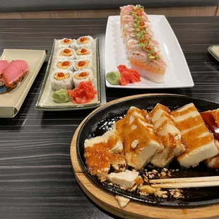 White tuna box, Tofu Steak, Crawfish Roll,  Cajun Tuna Sashimi