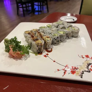 (left to right) una q roll, aac roll, california roll