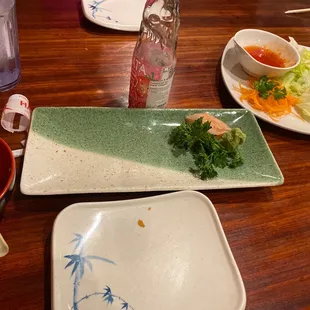 plates of food on a wooden table