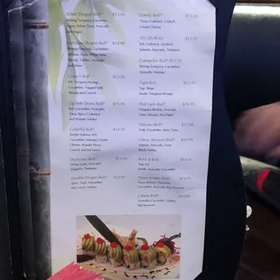sushi and sashimi, menu